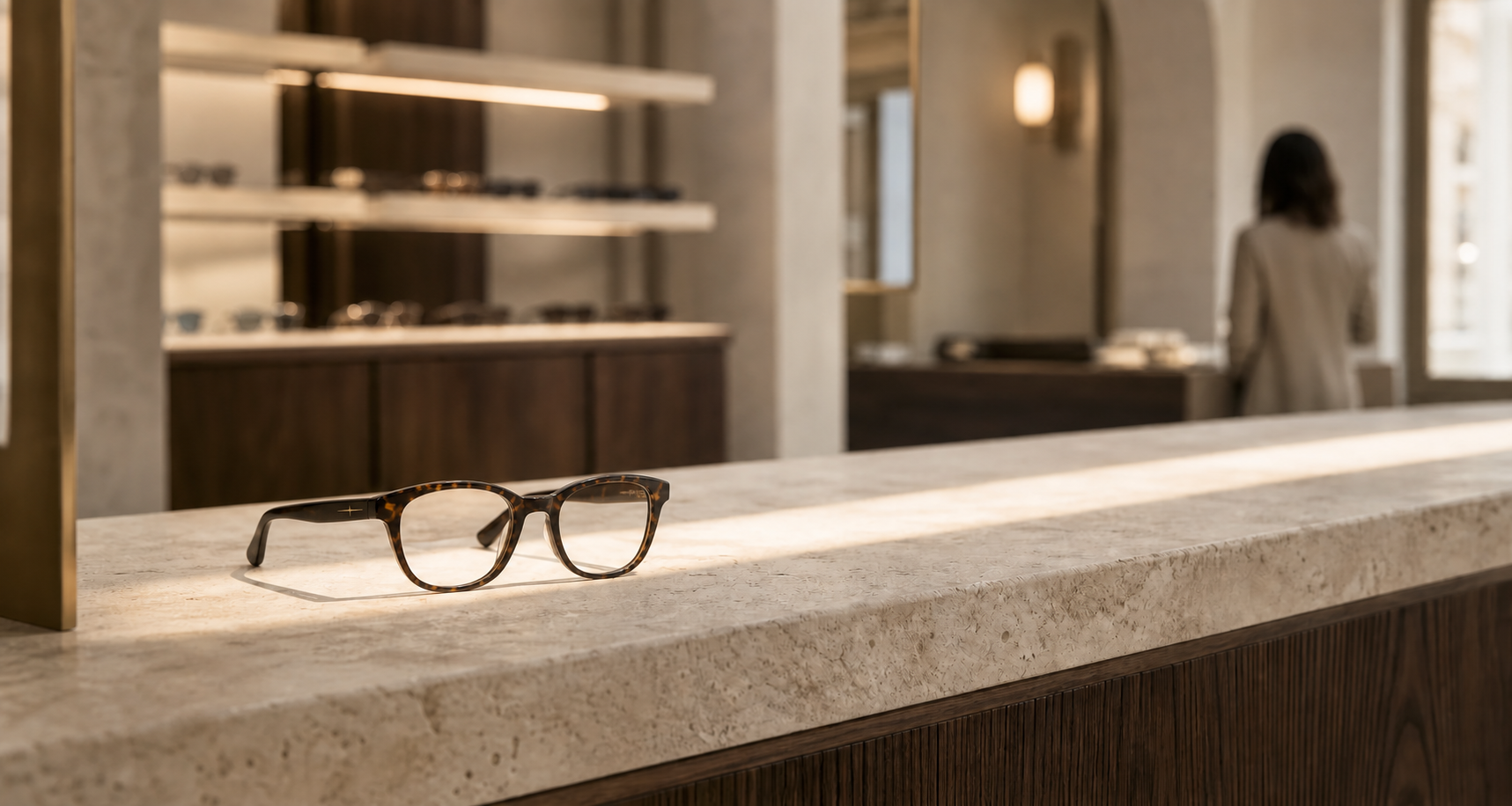 Interno contemporaneo di un'ottica con occhiali in acetato LUMEN esposti alla luce naturale, immagine concettuale temporanea